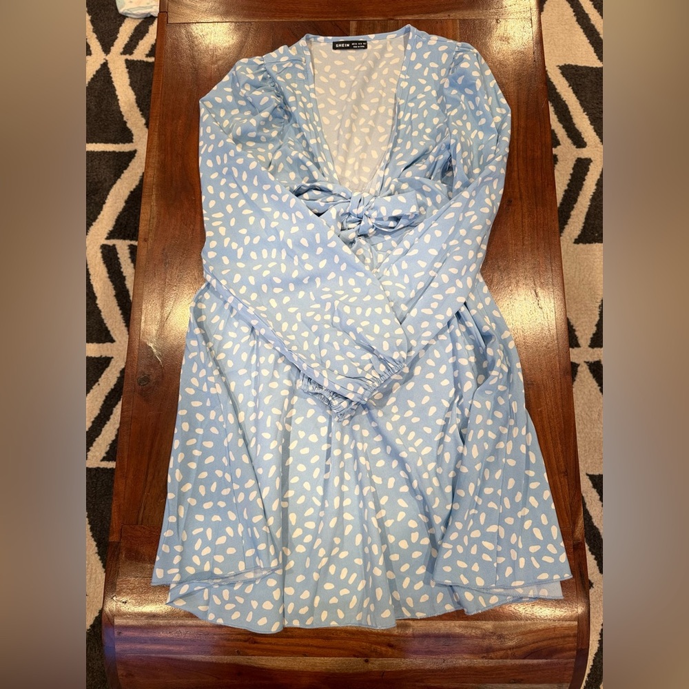 SHEIN, light blue and white,  v neck- tie in front- knee length dress